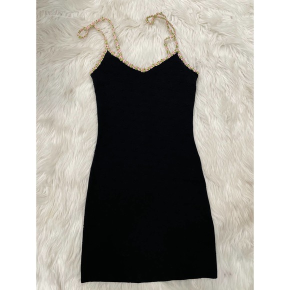VTG Betsey Johnson Body Con Slip Dress Rose Print Black Y2K 90s